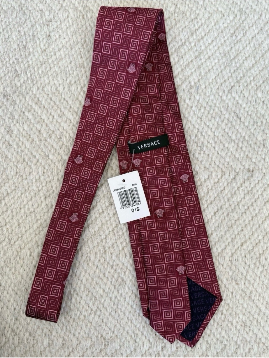 Versace Men's Burgundy Pink Red Geometric Medusa Silk Tie